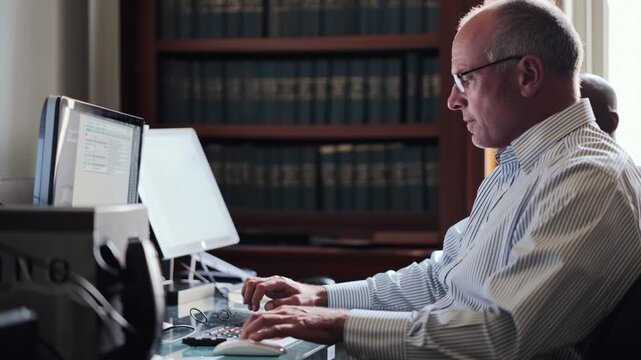 Focused Professional in Office: A focused individual intently works at a computer, with an ambiance of a well-organized office. Captured in a realistic shot, this image highlights dedication.