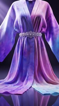 Vibrant tie-dye fabric transforms into an elegant, flowing kimono. An embellished silver belt cinches the waist, creating a luxurious look.