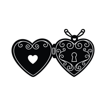 Open heart shaped locket with intricate swirling patterns and keyhole symbol inside representing secrets hidden love protection and precious memories a vintage style accessory in black and white