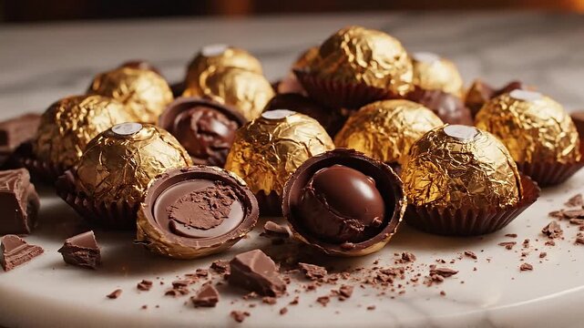 Pile of Gold Wrapped Chocolates with Open Piece and Crumbs