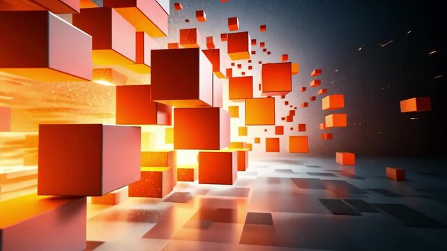 3D animation of floating cubes moving through space at high speed in an abstract setting