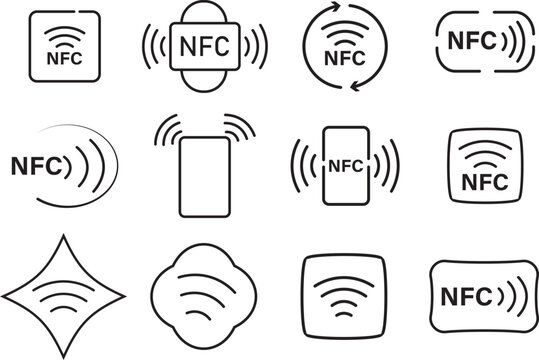 NFC line icon set. Modern near field communication and wireless symbols. Contactless payment and data transfer icons. Vector technology interface elements