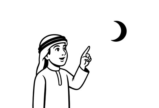 Muslim culture and religion, a boy in Arabic dress pointing toward crescent moon on white background. Ramzan or eid greeting.