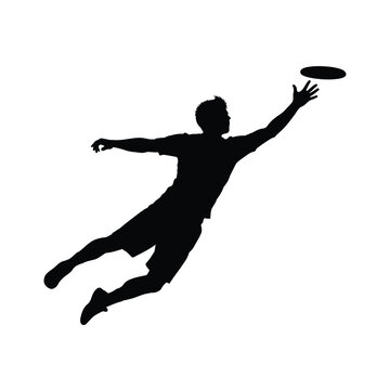 Ultimate frisbee player jumping catch silhouette vector illustration, agile man in shorts and t-shirt reaching for disc, dynamic leap isolated graphic art