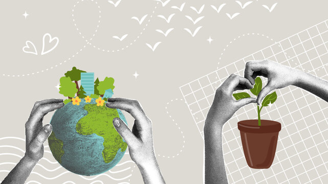 Earth care and sustainable development. A trendy halftone collage. The concept is to build a sustainable future and protect natural resources.