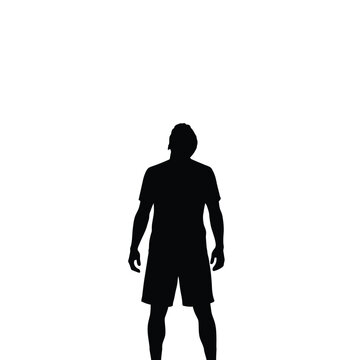 Silhouette of a man standing tall with his head tilted back, looking upwards, isolated on white background, representing contemplation, ambition, or waiting, active pose