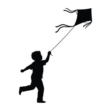 Silhouette of a boy running with a kite in his hand, kite flying high with streamers, outdoors on a sunny day, representing childhood, fun, and freedom, playful scene