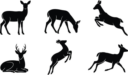 Set of black and white silhouettes featuring wild deer animals standing, running, grazing, and jumping in simple flat vector design style for nature. © Mahmud's World