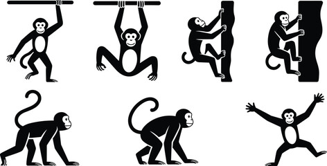 Set of black and white monkey silhouettes featuring playful primates climbing trees, hanging from branches, walking, and jumping in simple flat vector style. © Mahmud's World