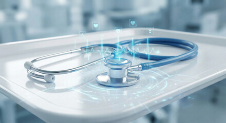 Modern medical concept showing a stethoscope with digital holographic data visualization, heartbeat monitors, and health icons. Ideal for telemedicine and innovative healthcare technology.