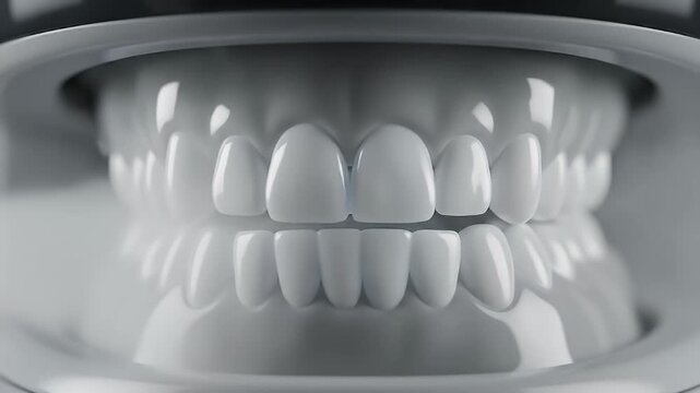 Close-up view of a pristine white dental model showing perfectly aligned upper and lower teeth, used for educational or demonstration purposes.
