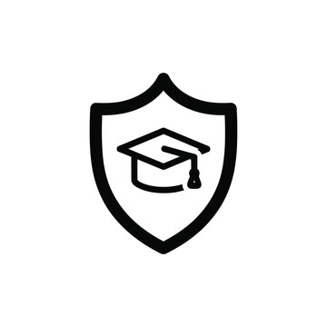 Shield with graduation cap icon representing educational insurance and academic protection services for student safety and scholarship security programs isolated on plain white background graphic set