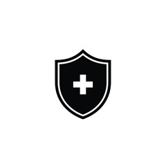 Fototapeta premium A vector graphic illustration of a black and white shield icon with a white medical cross sign in the center for healthcare protection