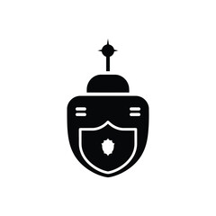 Fototapeta premium A secure underwater drone or submersible vehicle with a protective shield icon symbolizes advanced marine exploration, representing robust cybersecurity and safe autonomous operations in aquatic