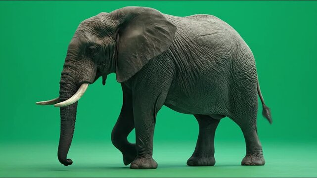 Realistic elephant walking, green screen background