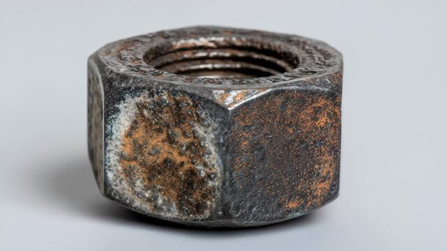 Rusty metal nut with worn surface placed on a flat surface in a well-lit setting showcasing its texture and details during daytime