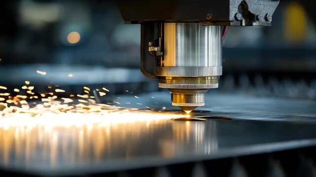 Laser cutting machine operates on metal sheet in workshop during working hours with sparks flying around