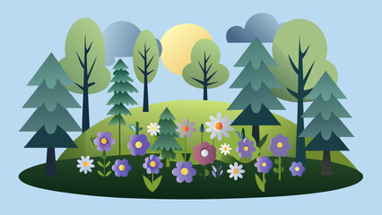 Obraz premium A stylized landscape with trees flowers and a bright yellow sun