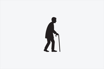 Silhouette of an elderly man walking with a cane, isolated on white background. Concept of aging, mobility, senior health, support, retirement, and elderly care. Vector illustration.