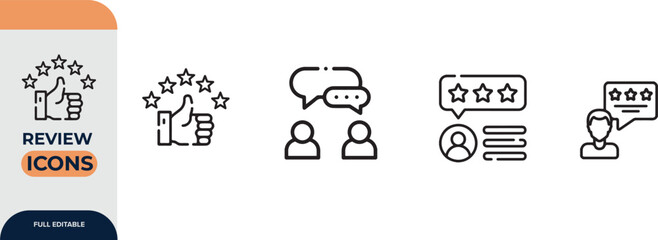 Review icon set. Containing feedback, rating, satisfaction, like icons. Vector illustration.