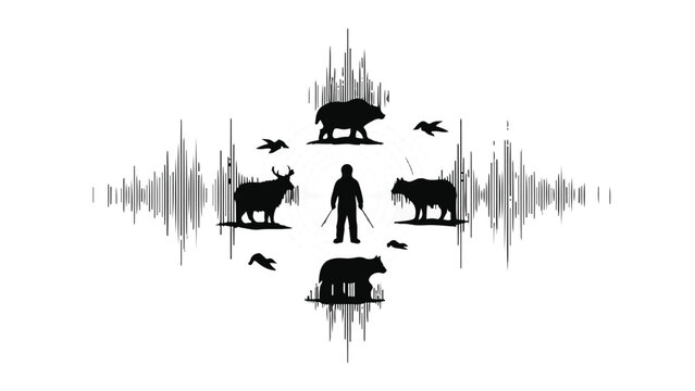 Human figure at the center of a natural soundscape with diverse wildlife silhouettes.