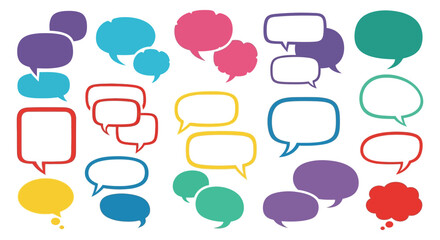 An assortment of vibrantly colored speech bubbles and thought balloons are displayed against a white background showcasing diverse shapes