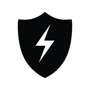 Energy shield icon with lightning bolt symbol representing power protection electricity strength fast security surge protection high voltage battery energy boost logo isolated on white background