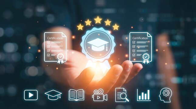A hand presents glowing digital certificates and a graduation cap badge symbolizing achievement learning and quality assurance in education high quality professional