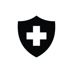 Fototapeta premium Medical shield icon symbol representing healthcare protection and insurance security in black silhouette style showing cross on safety sign for clinic hospital or emergency rescue service design