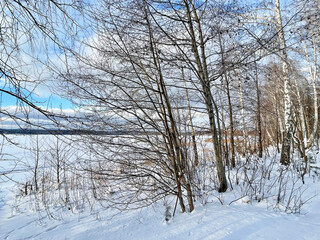 Russia, Chelyabinsk region. Lake Uvildy in cloudy January day