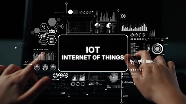 Hands Interacting with Digital Interface Displaying IoT and Data Analytics Concepts for Internet of Things Technology. Asymptotic smart data analytic.