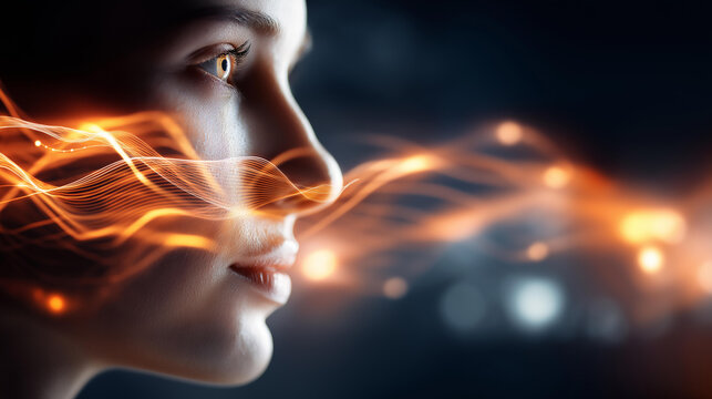 Symbolic portrait of the digital era, human face emerging from orange data waves