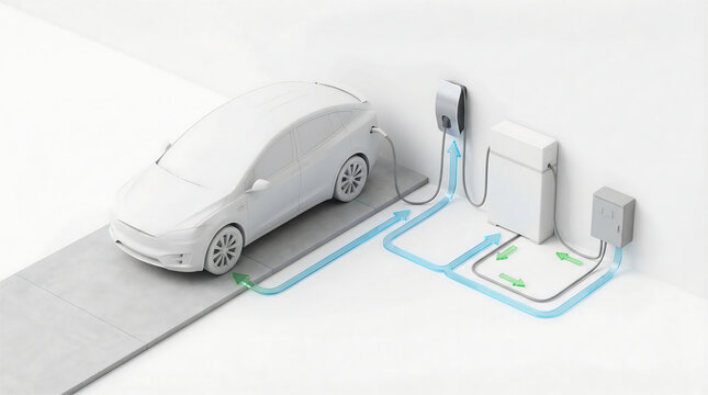 Home energy management with electric car charging wallbox and battery storage clean isometric render with power flow arrows smart grid concept on white background