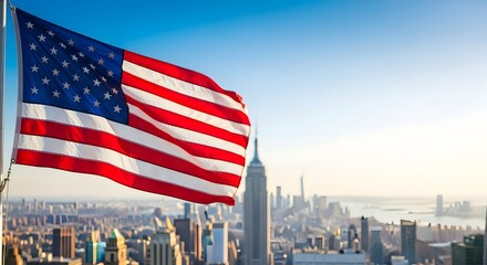 American flag waving above new york city skyline