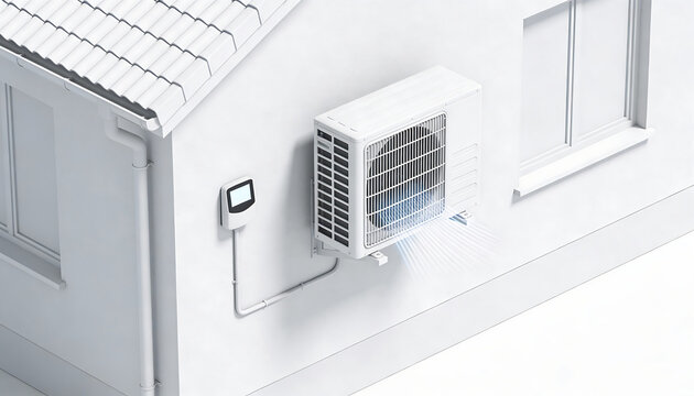Residential air source heat pump outdoor unit with thermostat controller clean isometric render of home hvac electrification and efficient heating cooling on white background