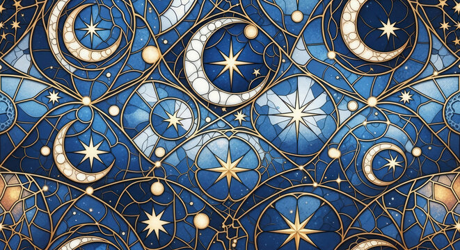 Stained glass celestial pattern with moons and stars