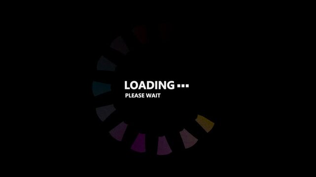 multicolor loading spinner with please wait text seamless loop animation on dark black background