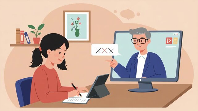 Young Student Attending Online Class with Teacher on Computer Monitor at Desk in Home Classroom Setting Cartoon Illustration