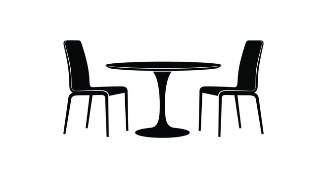 A minimalist depiction of a small round table with two chairs presented as a striking black silhouette high quality professional detailed