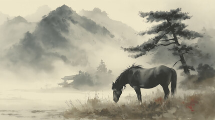A horse stands in a misty landscape with mountains and trees in the background