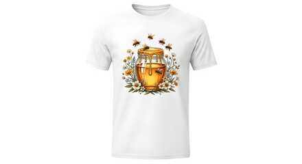 Artistic Bee-Decorated Honey Jar T-Shirt Design, Nature-Inspired, Apparel Showcase