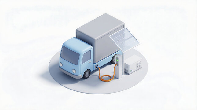 Electric delivery truck charging from solar powered station clean isometric render showing renewable fleet charging infrastructure microgrid inverter and cable on white