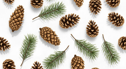 Pinecones and Pine Needles on White Background