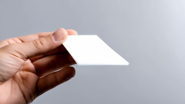 Hand holding a blank card against a light gray background in a simple indoor setting during daytime