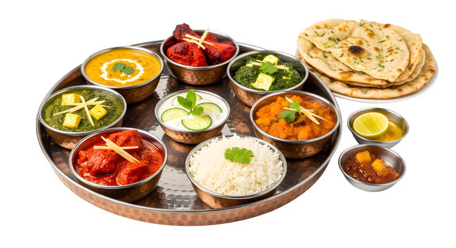 Indian thali meal with rice, naan bread and various curries