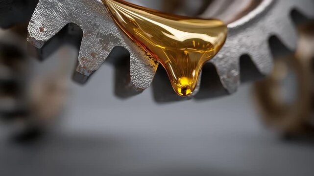 Gold liquid drips from a metal gear, highlighting the interplay of mechanical parts and lubrication during maintenance tasks in a workshop