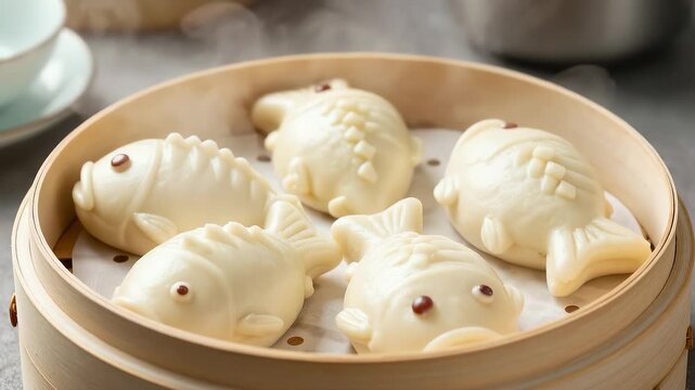 Steaming fish shaped buns in bamboo steamer for New Year