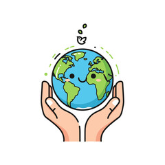 Fototapeta premium Cute Hands Holding Happy Earth Planet, Environmental Protection, Eco Concept