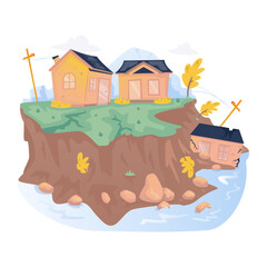Landslide Disaster Damaging Houses on Hillside Terrain Vector Illustration