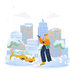 Urban Snowstorm Disaster in City with Heavy Snowfall Vector Illustration